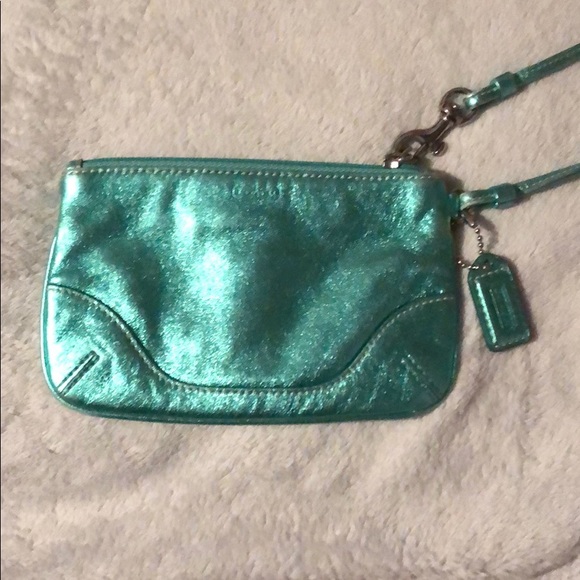 Coach metallic turquoise wristlet wallet bag - Picture 2 of 5